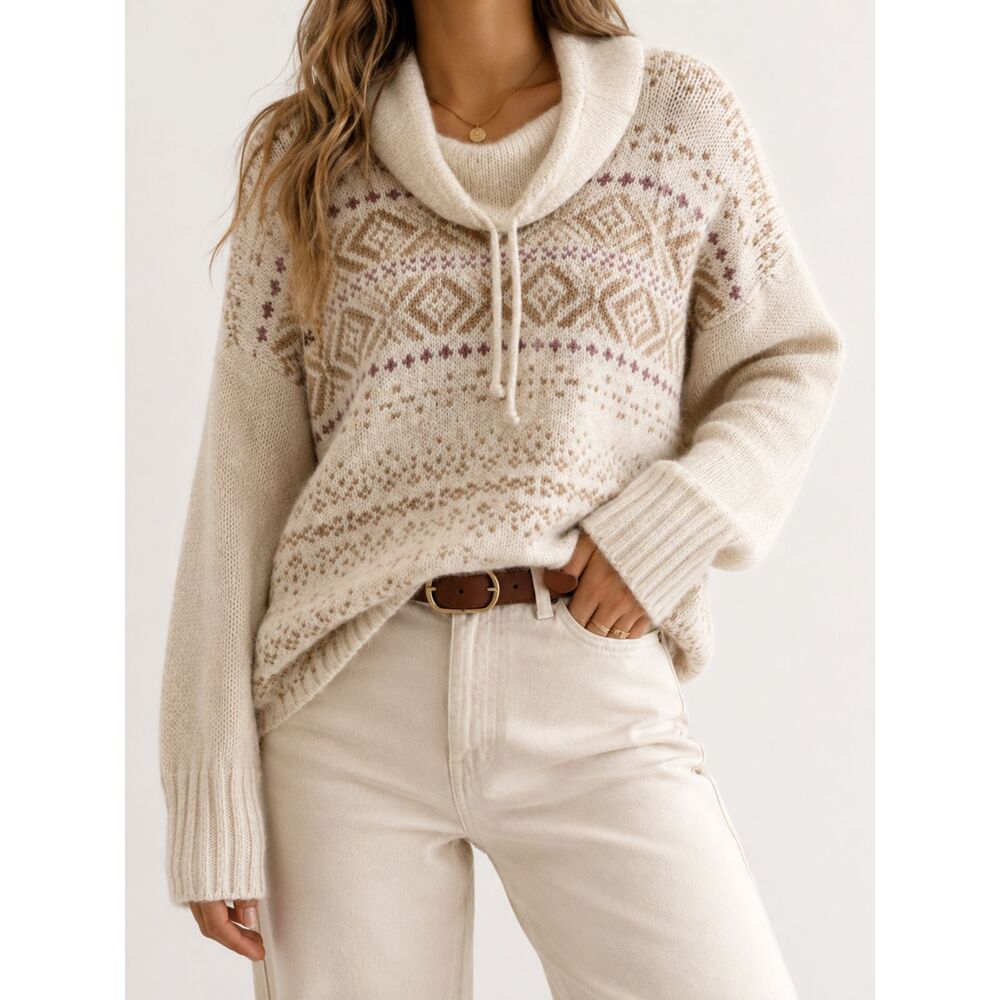 Eddie Bauer Sleepwear L Fair Isle Cowl Neck Sweater Nordic Cottagecore Knit